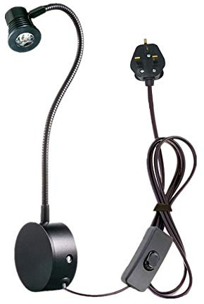 WeFoonLo 3W Wall Mounted Flexible Gooseneck LED Reading Light with Plug & Switch for Bedroom, Office, Workbench, Studio (02 Black Warm White)