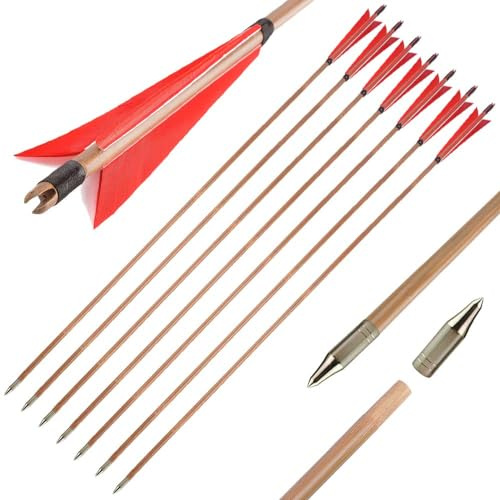AMEYXGS 33pouces Flèches en Bambou Flèches de Chasse Tir à l'arc Cible Pratique des Flèches de Bambou avec Plume de Dinde 5 pour Arc Classique Arc Long Traditionnel 6/12 pièces (Rouge, 12pcs)