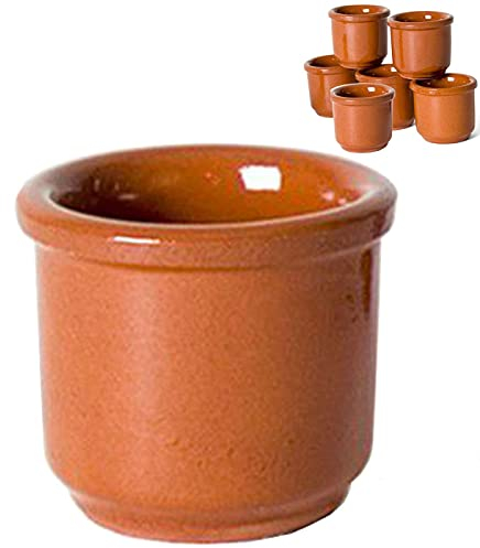 Pack de 6 vasos de cerámica de barro con capacidad de 5 cl, de 4,5 cm de altura y 5 cm de diámetro. Set 6 recipientes especial para chupitos con estilo tradicional. Juego de 6 vasitos para beber.