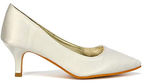Womens Glitter Pointed Shoes Ladies Slip On Low Heel Party Courts Pumps Size 3-8 (Ivory Satin, Numeric_8)