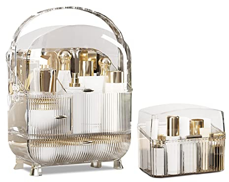 Galatée Serie Retrò Organizer Trucchi Multifunzione Antipolvere Organizer per Cosmetici,Organizzatore di Trucco Grande Capacità - Bianco altamente traslucido + scatola di rossetto