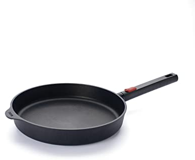 Woll Eco Logic QXR Guss-Flachpfanne - Induktiv -, Ø 28 cm, 5 cm hoch, mit abnehmbaren Stiel - Geeignet für alle Herdarten, PFAS-frei, Antihaft-Versiegelung, Aluminiumguss, backofenfest, schwarz