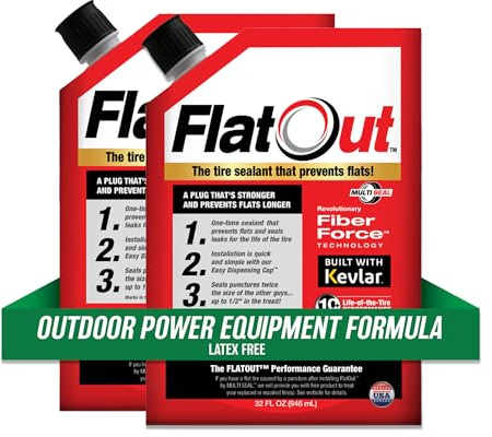 FlatOut Sellador de neumáticos todoterreno, fórmula de equipo eléctrico para exteriores, evita neumáticos planos, arregla un neumático plano, sella fugas, contiene Kevlar, bolsa de 32 onzas, paquete