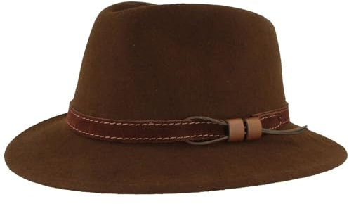 Bred utomhus filt hatt trekking-hatt ullhatt av 100 % ull – hatt vattenavvisande och vikbar – med läderuppsättning – för män och kvinnor, Mörkbrun, 57 cm