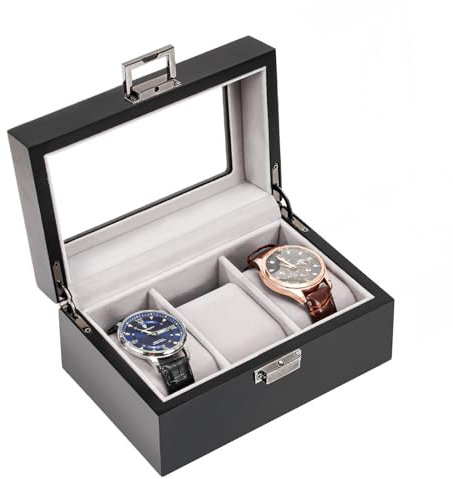ProCase Wooden Watch Box for Men - 3 Slot Display Case Organizer With Glass Lid, Wood Storage Holder for Men's Watches - MatteBlack