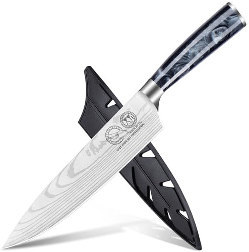 XYJ Autentico dal 1986, Coltello da Chef Giapponese da 8 Pollici, Acciaio Inossidabile, Lama Affilata con Motivo Vein Damascus, Coltello da Carne per Tagliare la Carne