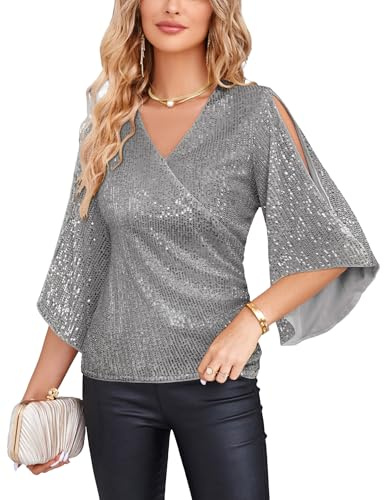 GRACE KARIN Women's Sequin Tops 3/4 Sleeve Glitter Sparkly Blouse for Party | Wrap Blouses Evening Going Out Clubwear Sequin Shirt Plus Size Glitter Sparkly Tops for Women