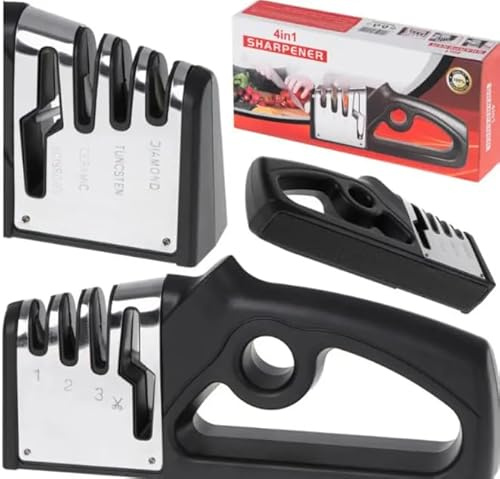 Affila Coltelli Professionale, Manuale, Funzioni 4 in 1 Affilare Coltello da Cucina Affilare Pietra Coltello, Tagliare Ripristinare Coltelli Forbici Ceramica da Cucina (ARGENTO - NERO)