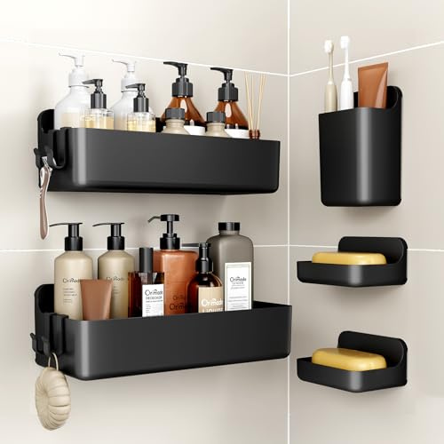 Orimade 5 Piezas Estanteria Ducha,Estanteria Ducha sin Taladro Antióxido,Estante Ducha Negro