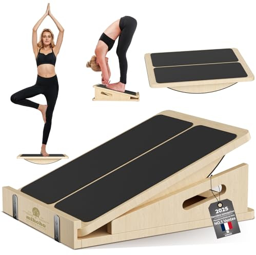 Planche inclinée en bois 2 en 1 pour étirer les mollets et équilibrer, planche d'équilibre réglable pour étirer les chevilles, planches inclinées de physiothérapie pour genoux, chevilles (Hêtre)