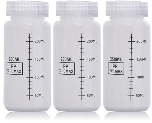 DKBT 3 stycken plastflaskor med bred hals, 250 ml, tom laboratorieflaska, läckagesäker genomskinlig från HDPE-flaska med bred öppning för pillerflaskor, vattenprovflaskor