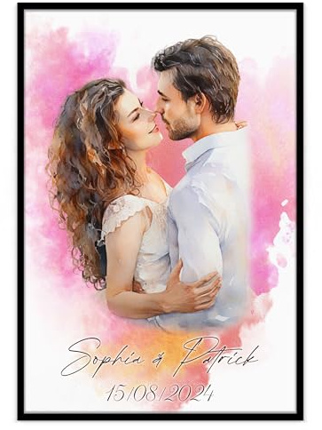 JeathFea Poster personnalisé en toile avec photo, cadre photo aquarelle personnalisé, portrait personnalisé pour chambre à coucher, salon, mariage, bébé, animal de compagnie, famille (Style 6)