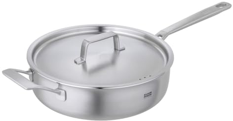 Kuhn Rikon Saute Pan 28cm 5-Ply Uncoated Stainless Steel & Aluminium, Oven & Dishwasher Safe Multi-Ply Saute Pan with Stay-Cool Long & Helper Handles & Lid, Induction Safe Pan - Culinary Fiveply