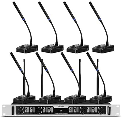 D Debra Sistema de Micrófono Inalámbrico 8 Canales DU8008 - Kit de 8 Micrófonos de Mesa para Conferencias, Salas de Reuniones y Seminarios, con Base Transmisora y Receptor Pantalla