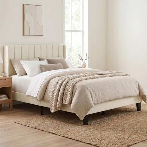 Levede Double Bed Frame, Upholstered Platform Bed with Channel Tufted Wingback Headboard, Strong Wood Slat Support, Noise-Free Foundation, No Box Spring Needed, 4ft6 Double Bed, Beige