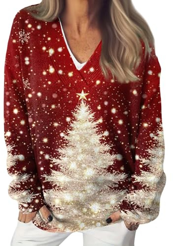 Gienslru Pull Femme Col V Chic Pulls Hiver Chaud Noël Halloween Sweat Vintage Norvégien sous Automne Tricotés Chauds Oversize Manches Longues Élégant Décontracté Grande Taille Causal Pullover Gilet