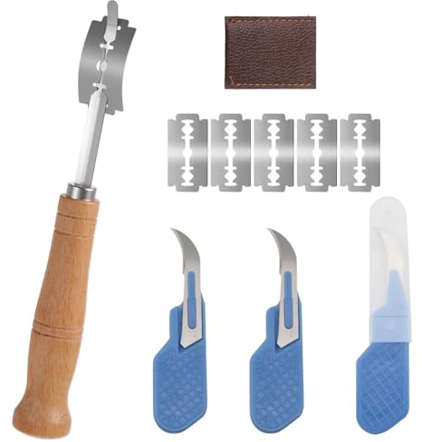 Herramienta de Corte de Pan, Cuchillo de Masa con 5 Pcs Cuchillas de Repuesto +3PCS Mini cortador de pan para pulgar, Cuchillo de Panadero, Cuchillo de Baguette, Mango de Madera,Cuchillo de Pan