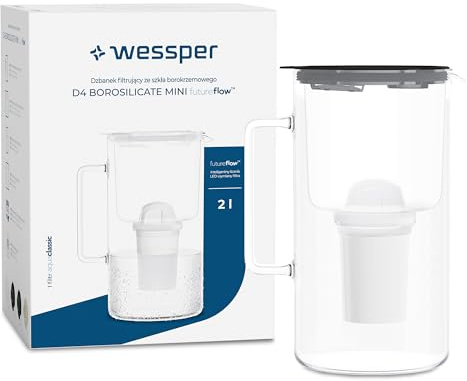 Wessper Jarra Filtrante de Vidrio con cartuchos filtrantes para Agua Potable de 2 l, Jarra filtrada con Contador Inteligente, Kit que Incluye 1 filtro de Carbón Activo- Negro
