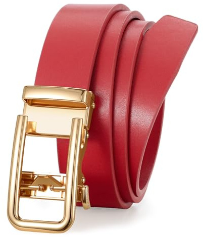 LEACOOLKEY Ceinture en cuir pour femme à cliquet automatique sans trous pour jeans et pantalons avec boucle coulissante doré/argenté, largeur 3,1 cm