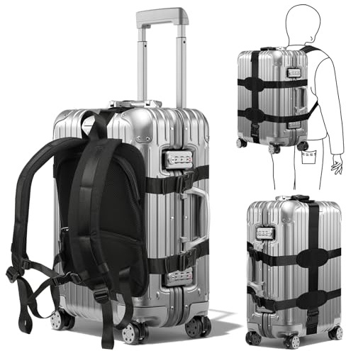 Sistema di trasporto zaino con tracolla regolabile, ideale per trasportare valigie rigide di piccole e medie dimensioni.