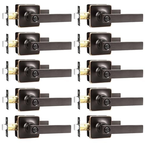 GOBEKOR 10 Pack Privacy Door Levers Bedroom Door Handle with Lock Oil Rubbed Bronze Square Door Handles Keyless Door Lock Straight Bed/Bath Lever
