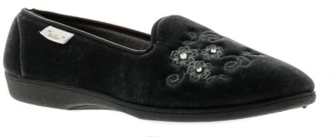 Dr Keller Mabel Womens Moccasin Slippers - Dark Grey. Lady's Slippers with Velour upper, Soft Satin Lining and Embroidered Flower Detail. Womens House Slippers