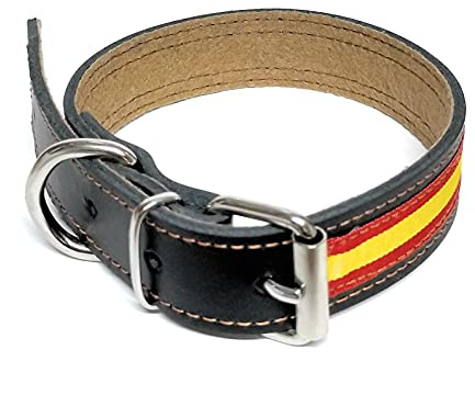 Collar Cuero Perro | Bandera España | Collar Mascotas | Collar Piel (Contorno Cuello DE 35 A 45 CMS., Negro ESPAÑA Centro)