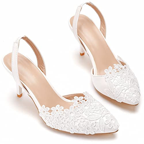 Scarpe da Sposa con Cinturino alla Caviglia da Donna, in Pizzo Bianco per Matrimoni, Feste e Feste da Ballo