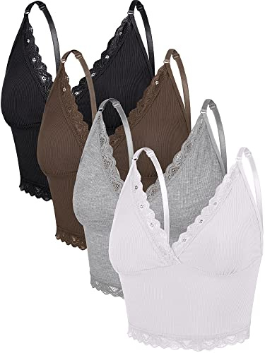 4 Camisolas sin Mangas Mujer Top Corto Acanalado con Tirante de Espagueti Cuello en V Ribete Encaje (Colores Clásicos, S)
