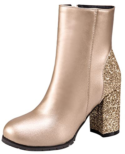 Lroey Reoly Botines Mujer Tacón Ancho, Botas de Fiesta Tacón Alto Punta Rojoonda Botín Zip Lentejuelas 014 Oro Talla 39 EU