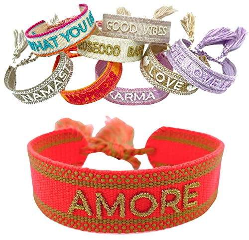 LS-LebenStil Exklusives Statement Armband - das Original - Amore Orange Gold 16-20cm Quasten besticktes Boho Canvas Webarmband Damen Freundschaftsarmband Geschenk gewebt textil Stoffarmband