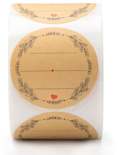 2'' Wreath Design with 3 Lines for Writing (500 Per Roll), Natural Brown Kraft Stickers for Store Owners, Crafts, Organizing, Jar and Canning Labels, Price Tags (Brown)
