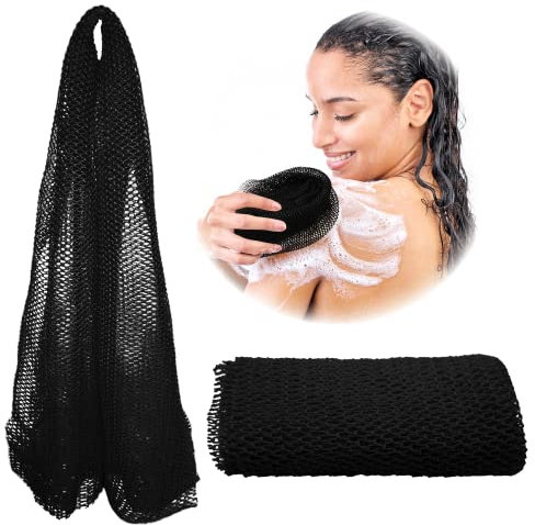 Adeton African Net Sponge, Authentic, Real, Black Owned, Exfoliating Bath Wash Cloth, Long Sponge, Body Exfoliator, Sapo, Shower Bath Accessories, Back Foot Scalp Scrub, Flat Dead Skin Remover (Black)