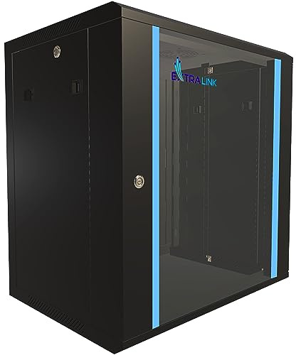 Extralink Armario Rack de 19 12U - Armario de Red de 450mm, para Montaje en Pared o Suelo, hasta 60 kg, Puerta de Cristal Templado, Apertura de 180° Negro - para Red doméstica y Equipos informáticos