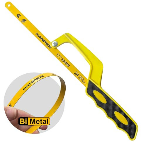 Hanpex Mini Hacksaw, Compact Hand Operate Aluminum Hack Saw with 30cm(12inch) Flexible Bi-Metal Hacksaw Blade – Small Cutting Saw for Metal and Wood