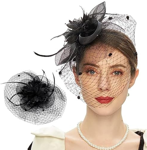 Fascinator Hut Vintage Schleier Damen Haarnadel, Schwarzer Schleier Stirnband, Elegant Hochzeit Cocktail Mesh Haarschmuck