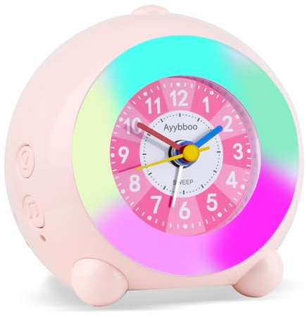Ayybboo Sveglia Bambini,Sveglia da Comodino Analogica Silenziosa Senza Ticchettio con Luce Notturna Colorata,Snooze,6 Suonerie,Volume Regolabile,Regali di Natale per Ragazze e Ragazzi (Rosa)