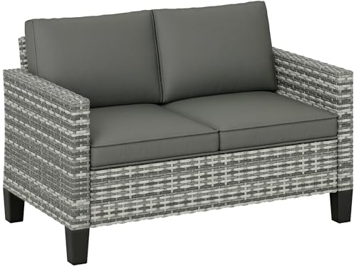 Outsunny 2 Seater Rattan Sofa Garden Sofa Cushions Steel Frame Light Grey | Wicker Garden Loveseat with Armrests, Outdoor Couch, Porch, Balcony