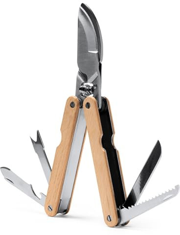 Tijeras de Jardín Multiherramienta con cuerpo y accesorios en acero inoxidable y bambú. 6 funciones: tijera para podar, navaja, sierra, lima, destornillador y abridor