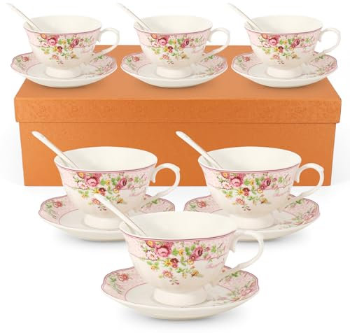SWEDOU Coffee Cup and Saucer Sets of 6 with Spoon, 8oz /250ml Tea Coffee Cappuccino Cup Saucers Set New Bone China Mug Floral Vintage Espresso Cup for Birthday Wedding Afternoon Party