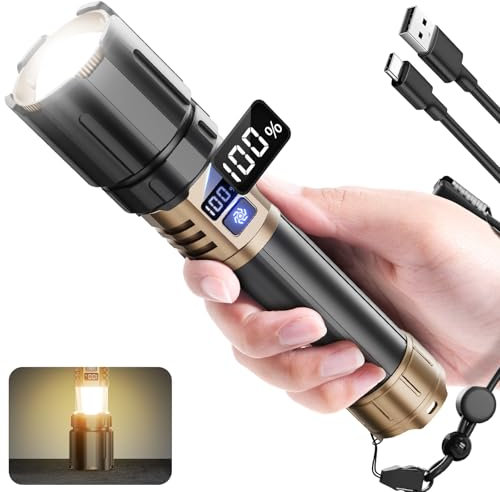Torches LED Super Bright 500000 High Lumen, Rechargeable Torch with Camping Light, Zoomable, 8 Modes, 6800mAh Long Battery Life, Waterproof Powerful Tactical Torch for Camping, Emergency, Dog Walking