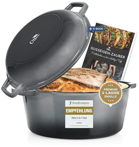 Ottia Gusseisen Topf, 26 cm, Deckel als Pfanne, Premium Emaille, Schmortopf, Bräter, Gusseisentopf, Dutch Oven, Brotbackform, Brotbacktopf, alle Herdarten (auch Induktion), ofenfest, Händler aus HH