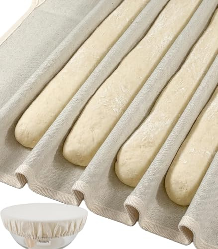 Perenllareta XL Bakers Couche 39x25 for French Baguette Dough Making, Linen Cotton Bread Baking Proofing Cloth and 10in Reusable Bowl Cover Set