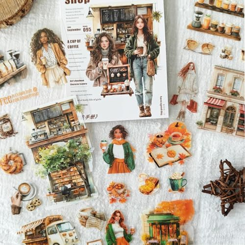 Conjunto de pegatinas para álbum de recortes y diario, 20 hojas de pegatinas de álbum de recortes de café en PET, pegatinas vintage estéticas para scrapbooking, diario de desechos, diario de viñetas