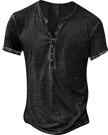 Tee Shirt Homme Col V Chemise Henley Manches Courtes D'Été Sportswear Vintage Boutons Eté T-Shirt Décontractée Musclée Shirts