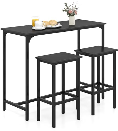 GIANTEX Tavolo Alto Cucina per 3 Persone, Tavolo da Pranzo in Piedi Rettangolare, 2 Sgabelli con Poggiapiedi, Struttura in Metallo, Stile Industriale per Spazio Piccolo, Sala da Pranzo, Ristorante