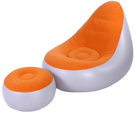 ACAGALA Inflatable Lounge with Footstool PVC Flocking Water Proof Folding Blow Up Couch Inflatable Sofa Chair for Home Camping (Orange)