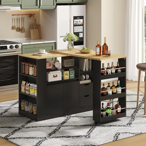 NuvlaGu Isola della cucina con piano di lavoro estraibile e girevole, 115 cm, carrello da cucina con vano portaoggetti, mensole e 2 cassetti, effetto legno, per cucina e sala da pranzo (Black +