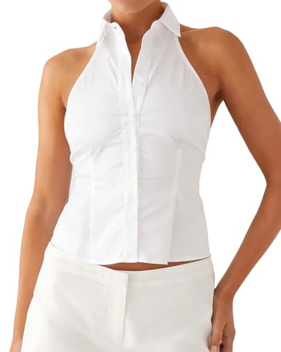 Women Sleeveless Lapel Collar Button Down T-Shirt Halter Neck Backless Tie Up Slim Fit Top Solid Color Bodycon Tee