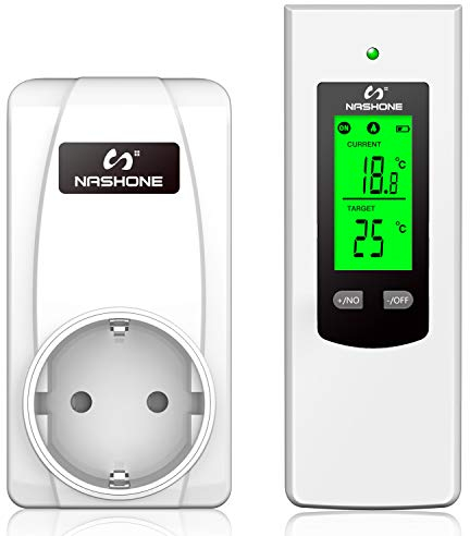 NASHONE Wireless Thermostat Steckdose,Digitaler Temperaturregler mit Heizung/Kühlung, Fernbedienung mit Temperatursensor und Speicherfunktion LCD-Display mit Hintergrundbeleuchtung für Heizgeräte